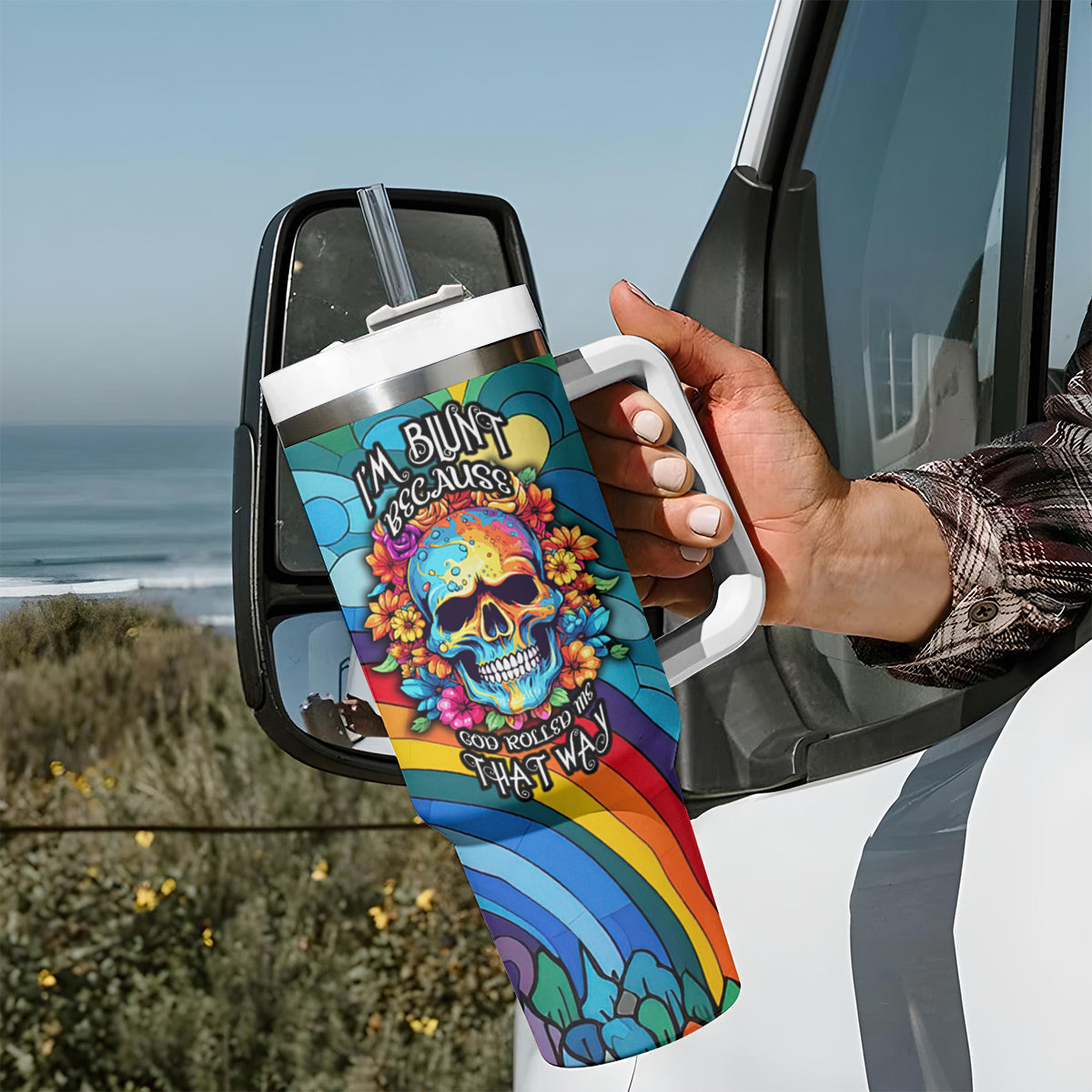 Floral Skull Tumbler With Handle I'm Blunt because god rolled me that way - Wonder Print Shop