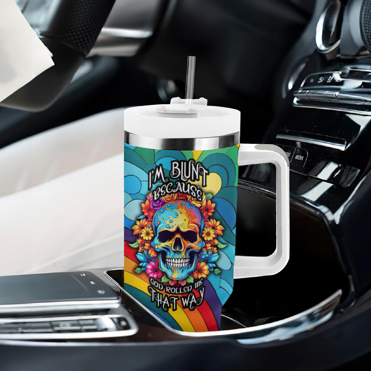 Floral Skull Tumbler With Handle I'm Blunt because god rolled me that way - Wonder Print Shop