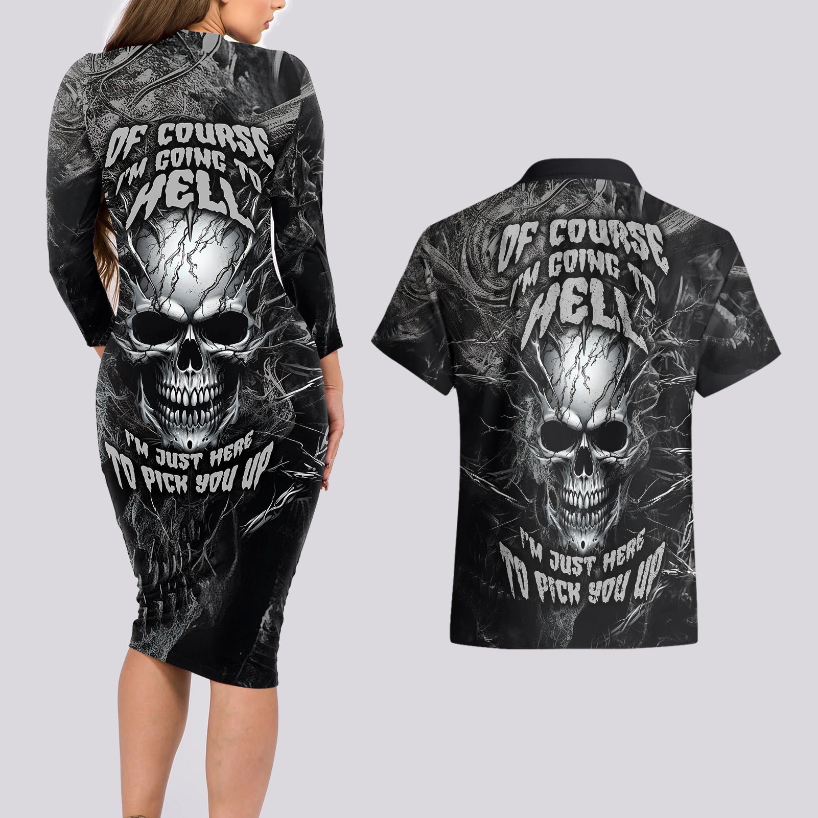 Horror Skull Couples Matching Long Sleeve Bodycon Dress and Hawaiian Shirt Of course i'm going to hell i'm just here to pick you up - Wonder Print Shop