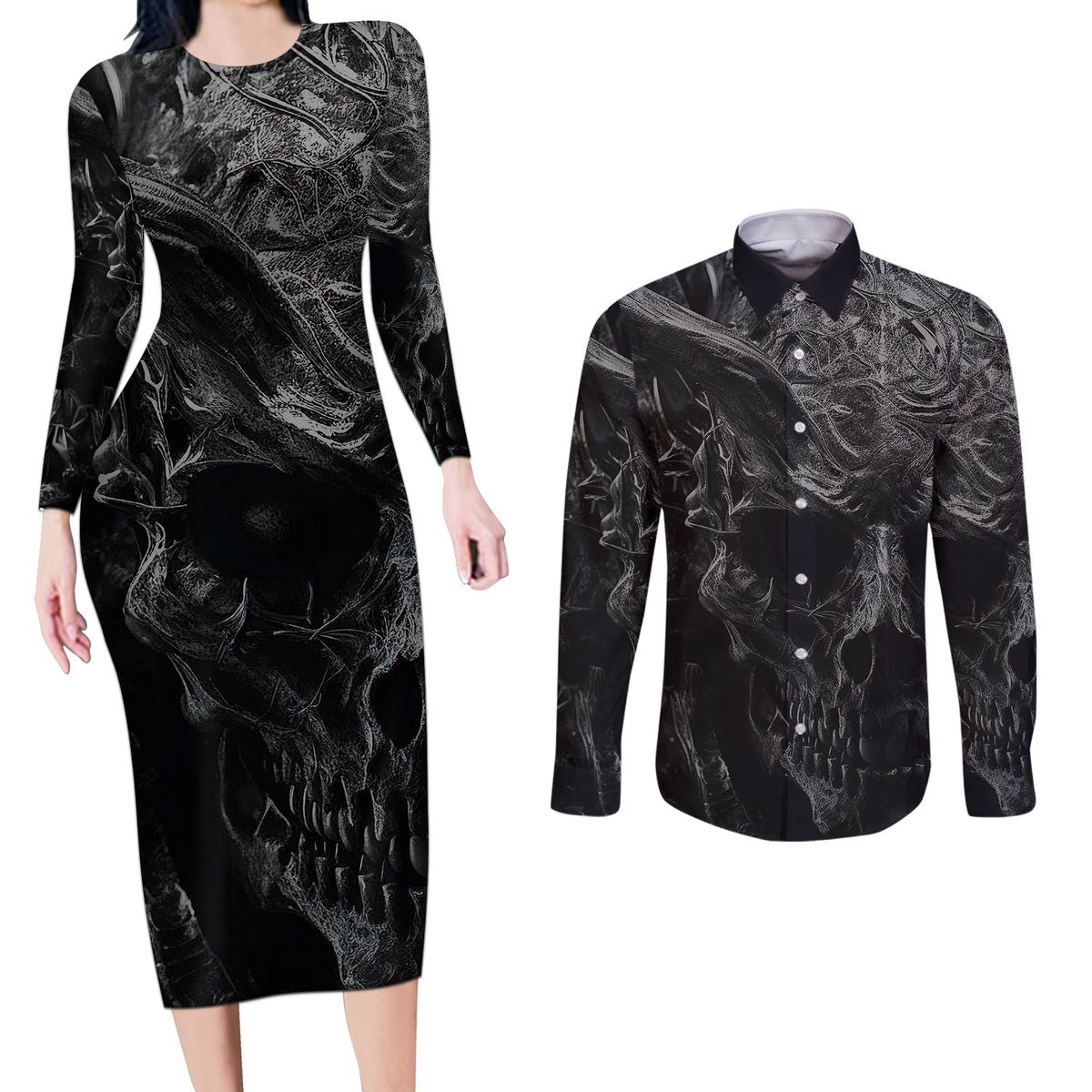 Horror Skull Couples Matching Long Sleeve Bodycon Dress and Long Sleeve Button Shirts Of course i'm going to hell i'm just here to pick you up - Wonder Print Shop