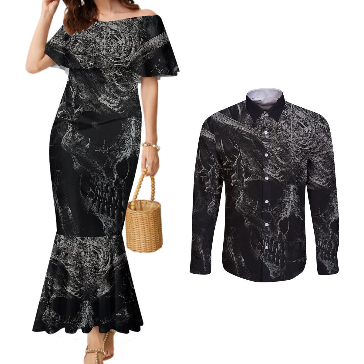 horror-skull-couples-matching-mermaid-dress-and-long-sleeve-button-shirts-of-course-im-going-to-hell-im-just-here-to-pick-you-up