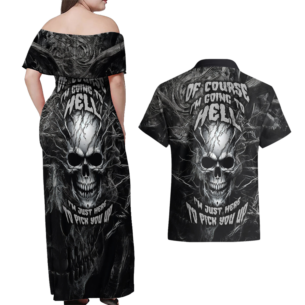 Horror Skull Couples Matching Off Shoulder Maxi Dress and Hawaiian Shirt Of course i'm going to hell i'm just here to pick you up - Wonder Print Shop