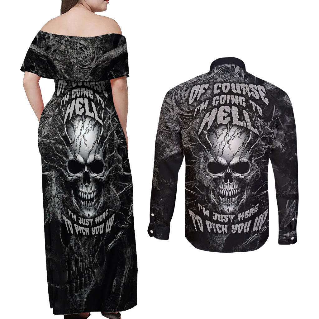Horror Skull Couples Matching Off Shoulder Maxi Dress and Long Sleeve Button Shirts Of course i'm going to hell i'm just here to pick you up - Wonder Print Shop