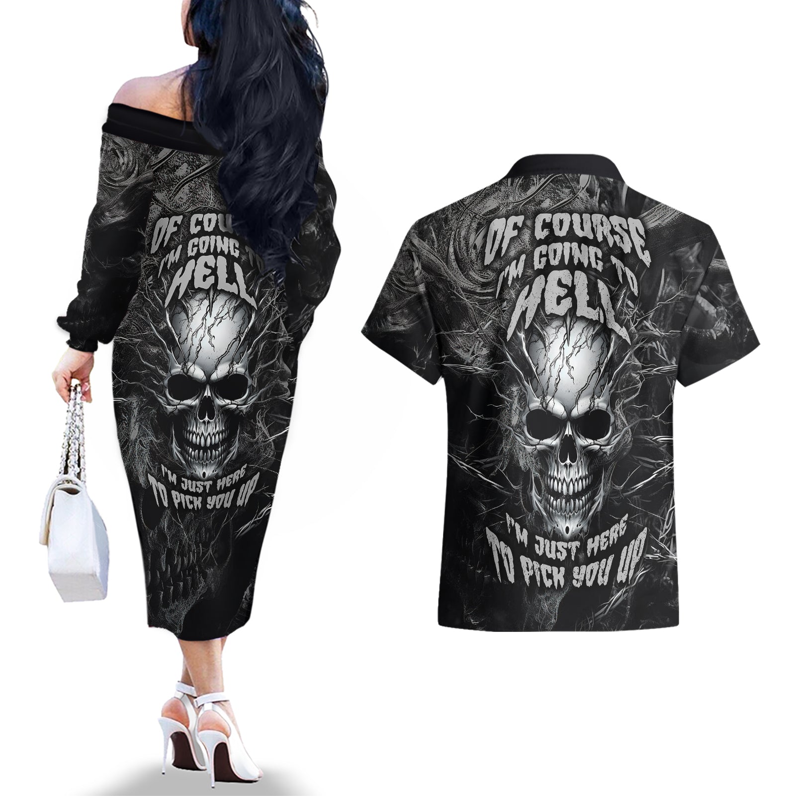 Horror Skull Couples Matching Off The Shoulder Long Sleeve Dress and Hawaiian Shirt Of course i'm going to hell i'm just here to pick you up - Wonder Print Shop