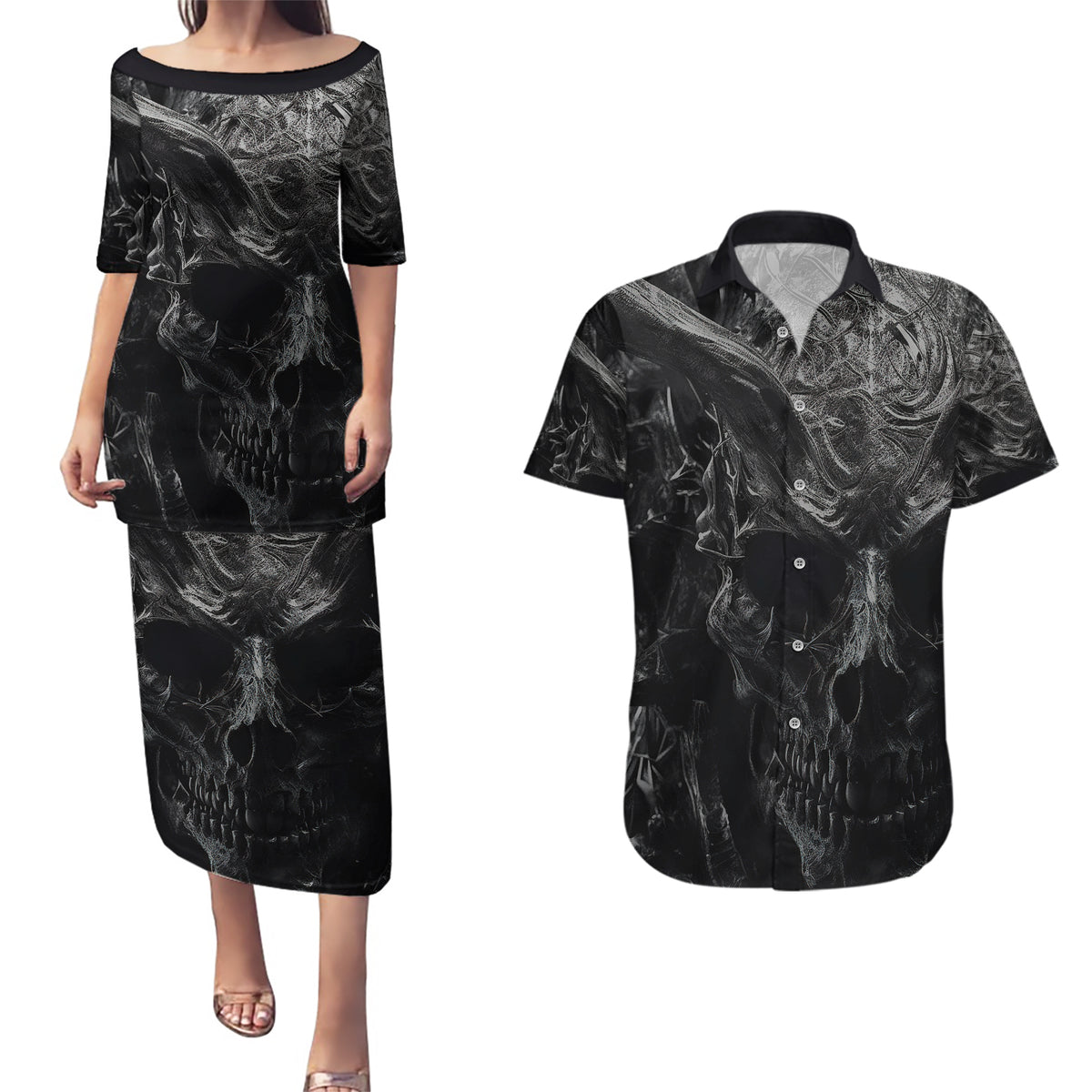 Horror Skull Couples Matching Puletasi Dress and Hawaiian Shirt Of course i'm going to hell i'm just here to pick you up - Wonder Print Shop