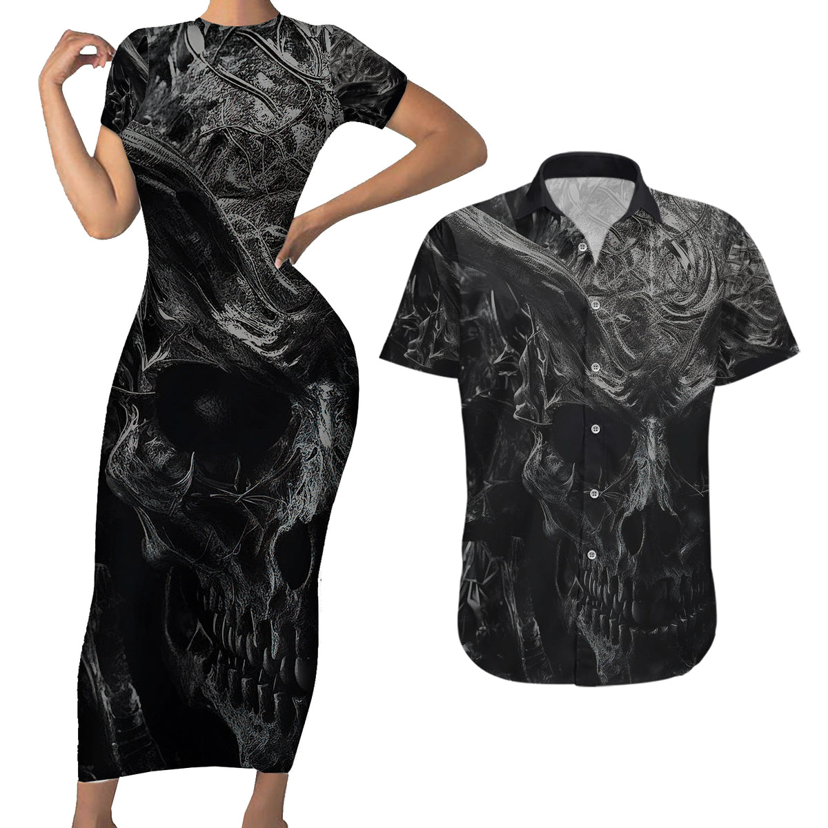 Horror Skull Couples Matching Short Sleeve Bodycon Dress and Hawaiian Shirt Of course i'm going to hell i'm just here to pick you up - Wonder Print Shop