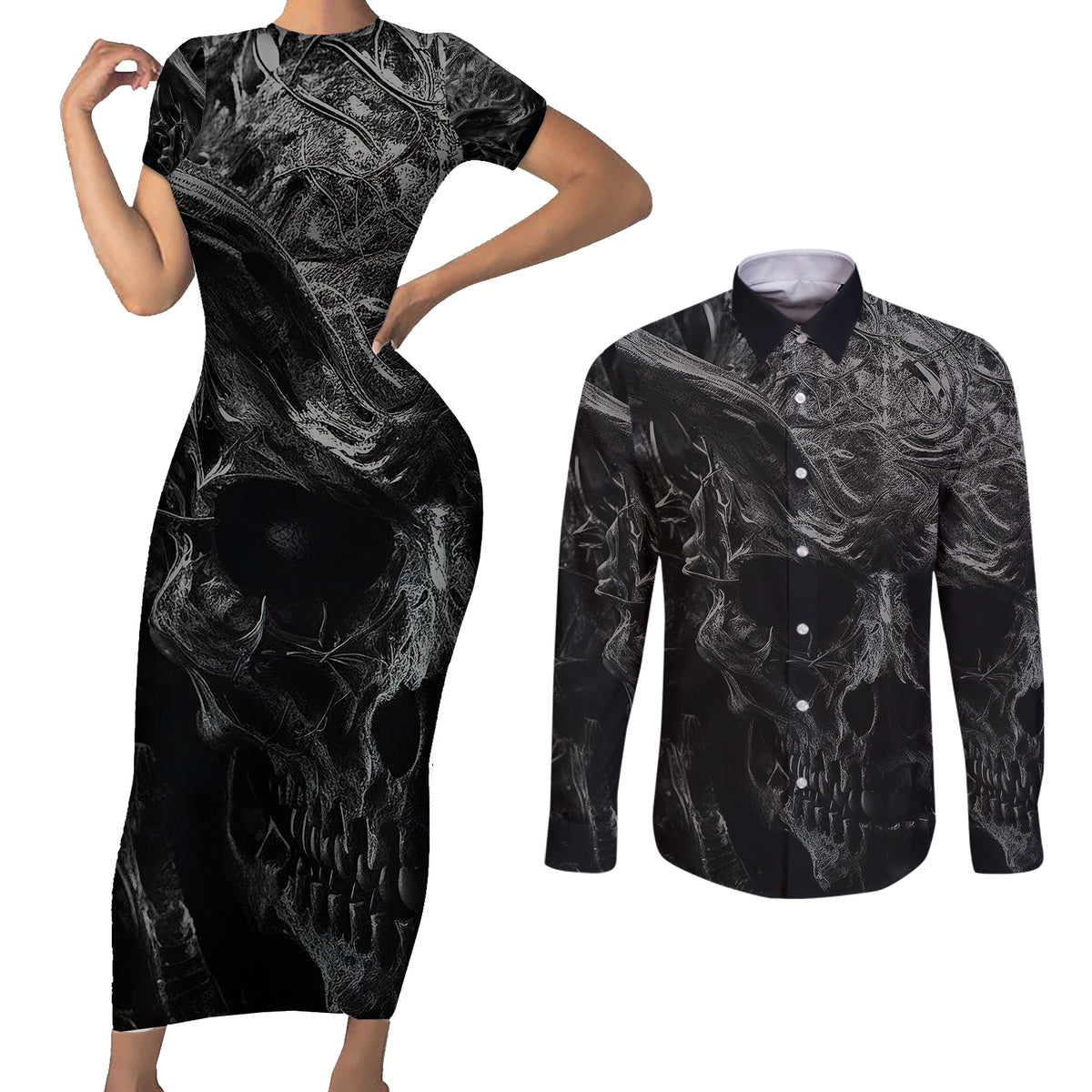 Horror Skull Couples Matching Short Sleeve Bodycon Dress and Long Sleeve Button Shirts Of course i'm going to hell i'm just here to pick you up - Wonder Print Shop
