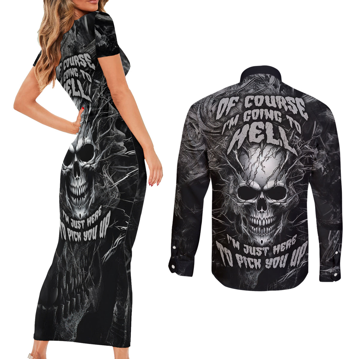 Horror Skull Couples Matching Short Sleeve Bodycon Dress and Long Sleeve Button Shirts Of course i'm going to hell i'm just here to pick you up - Wonder Print Shop