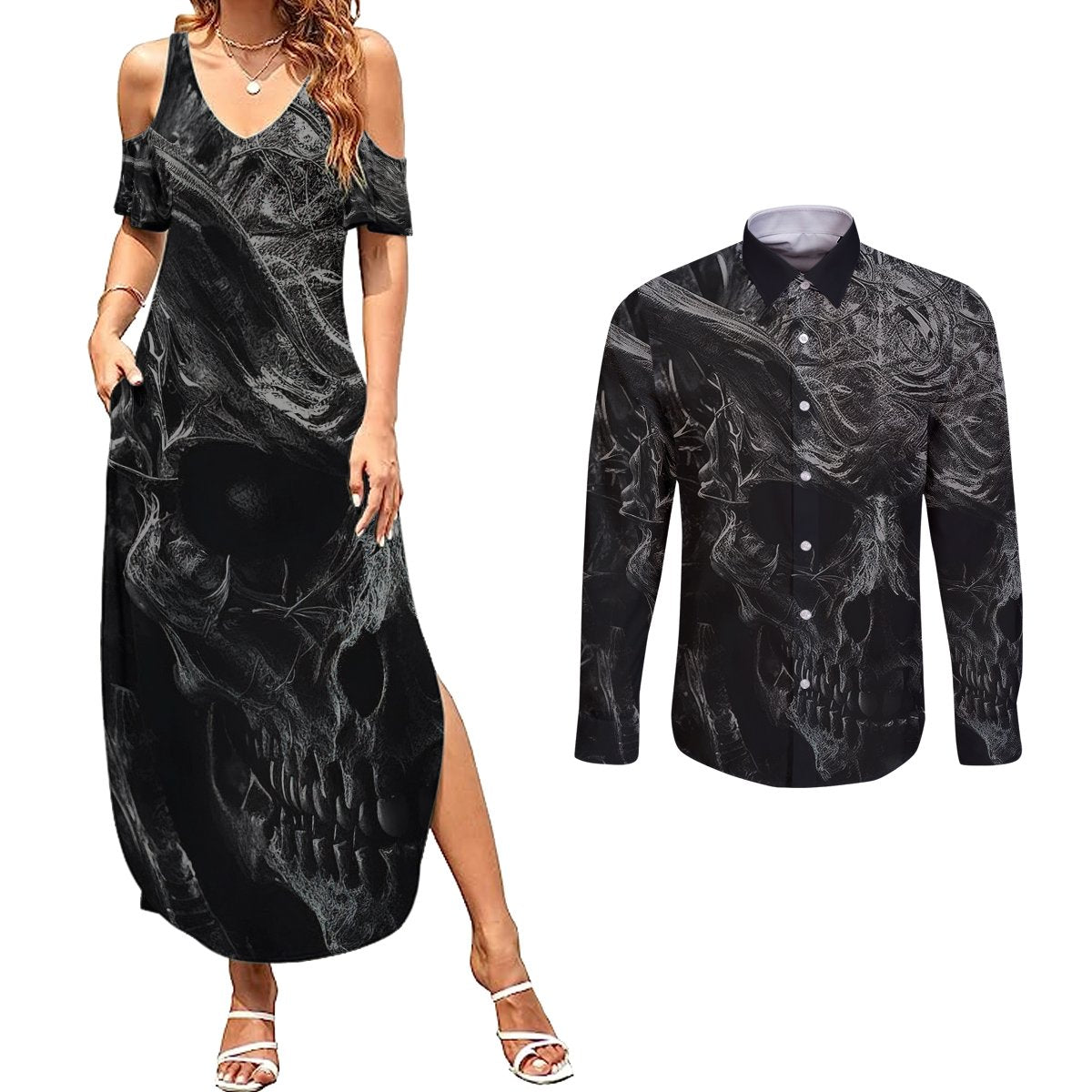 Horror Skull Couples Matching Summer Maxi Dress and Long Sleeve Button Shirts Of course i'm going to hell i'm just here to pick you up - Wonder Print Shop