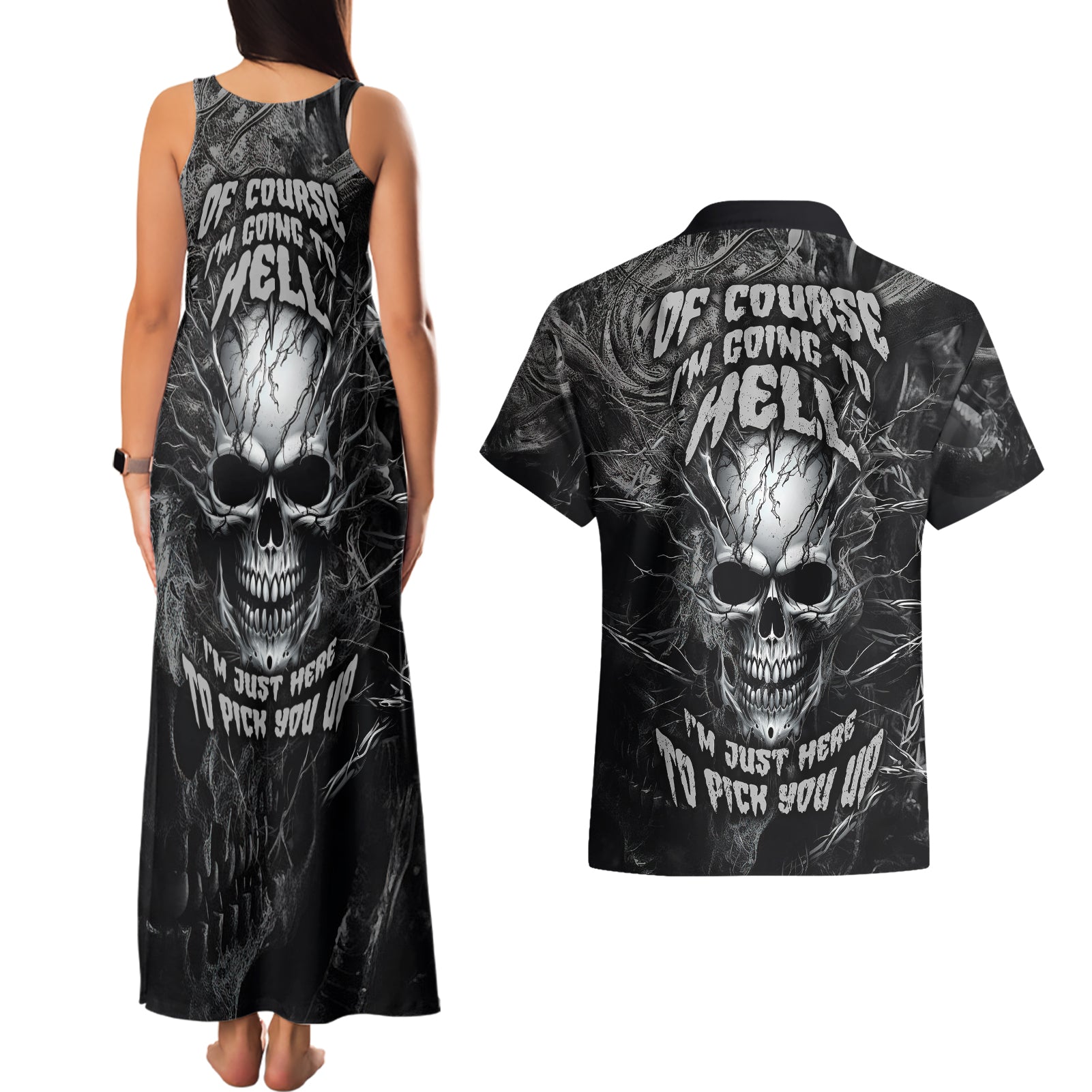 Horror Skull Couples Matching Tank Maxi Dress and Hawaiian Shirt Of course i'm going to hell i'm just here to pick you up - Wonder Print Shop