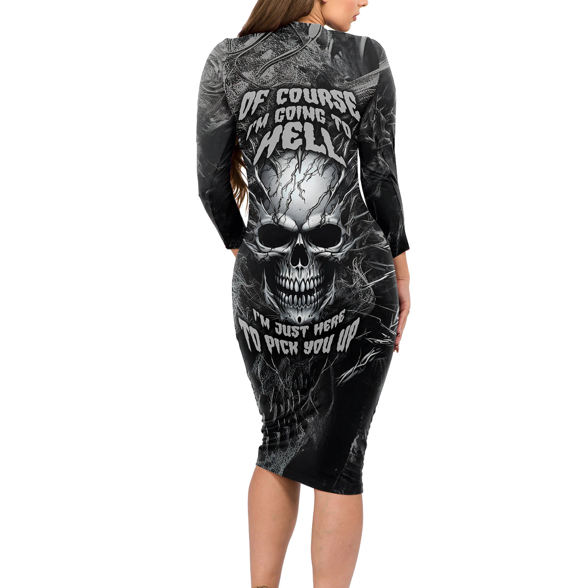 Horror Skull Long Sleeve Bodycon Dress Of course i'm going to hell i'm just here to pick you up - Wonder Print Shop
