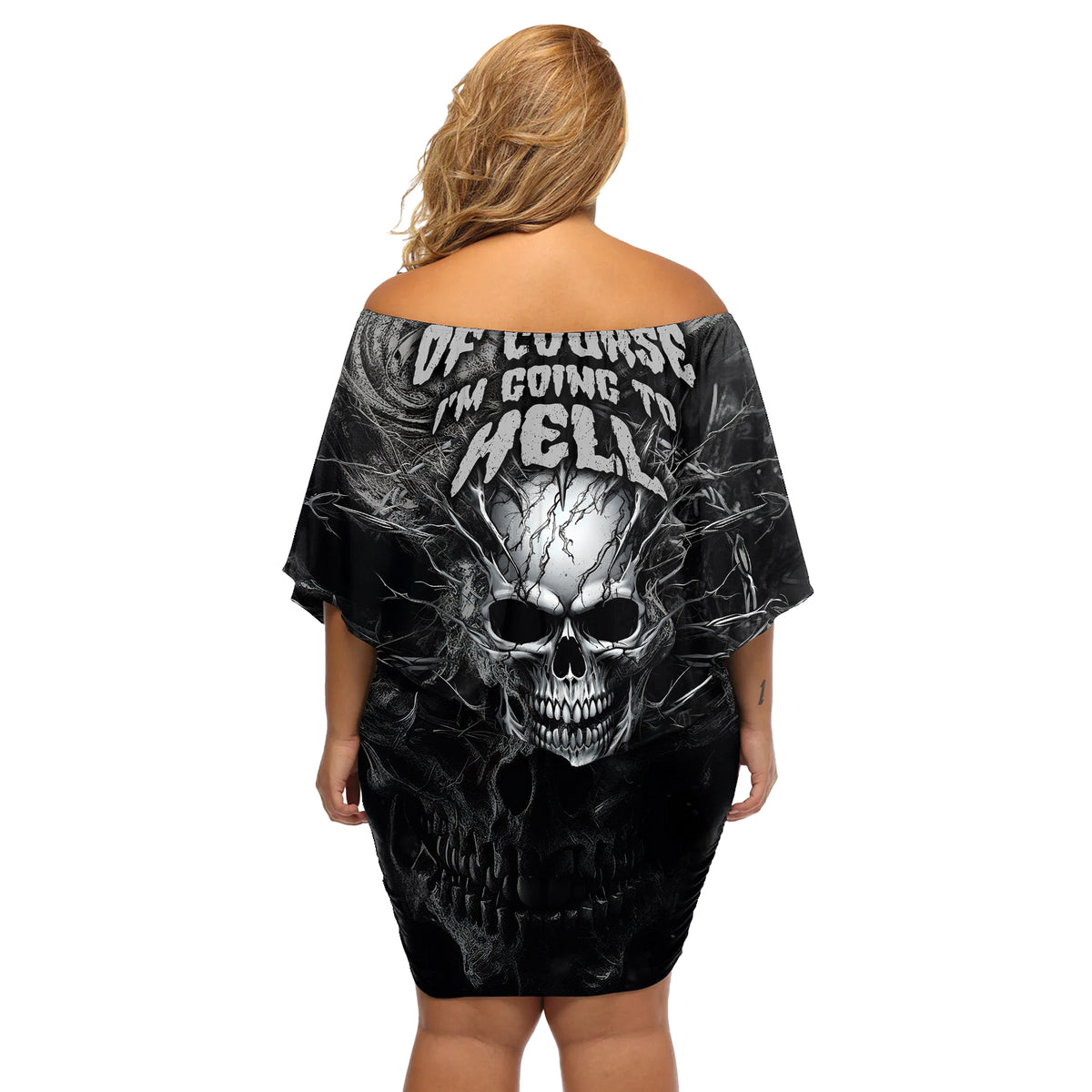 Horror Skull Off Shoulder Short Dress Of course i'm going to hell i'm just here to pick you up - Wonder Print Shop