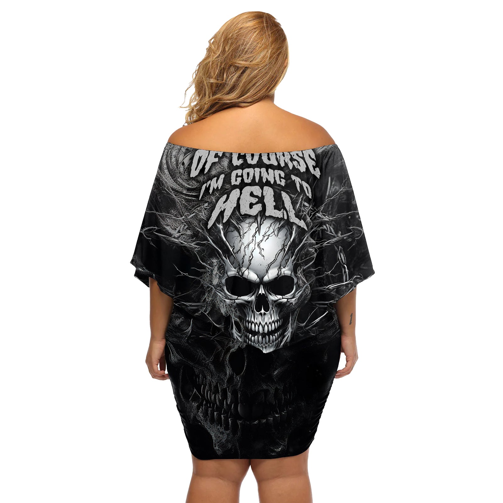 Horror Skull Off Shoulder Short Dress Of course i'm going to hell i'm just here to pick you up - Wonder Print Shop