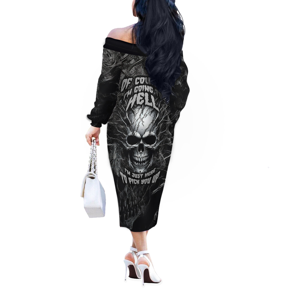 Horror Skull Off The Shoulder Long Sleeve Dress Of course i'm going to hell i'm just here to pick you up - Wonder Print Shop