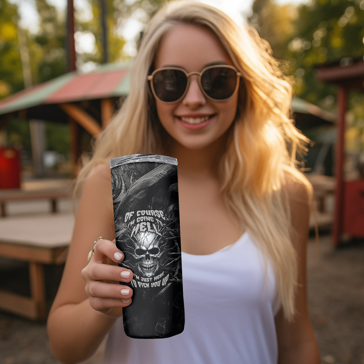 Horror Skull Skinny Tumbler Of course i'm going to hell i'm just here to pick you up - Wonder Print Shop