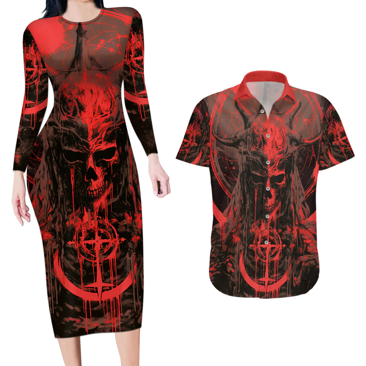 Demon Skull Couples Matching Long Sleeve Bodycon Dress and Hawaiian Shirt Welcome to Hell - Wonder Print Shop