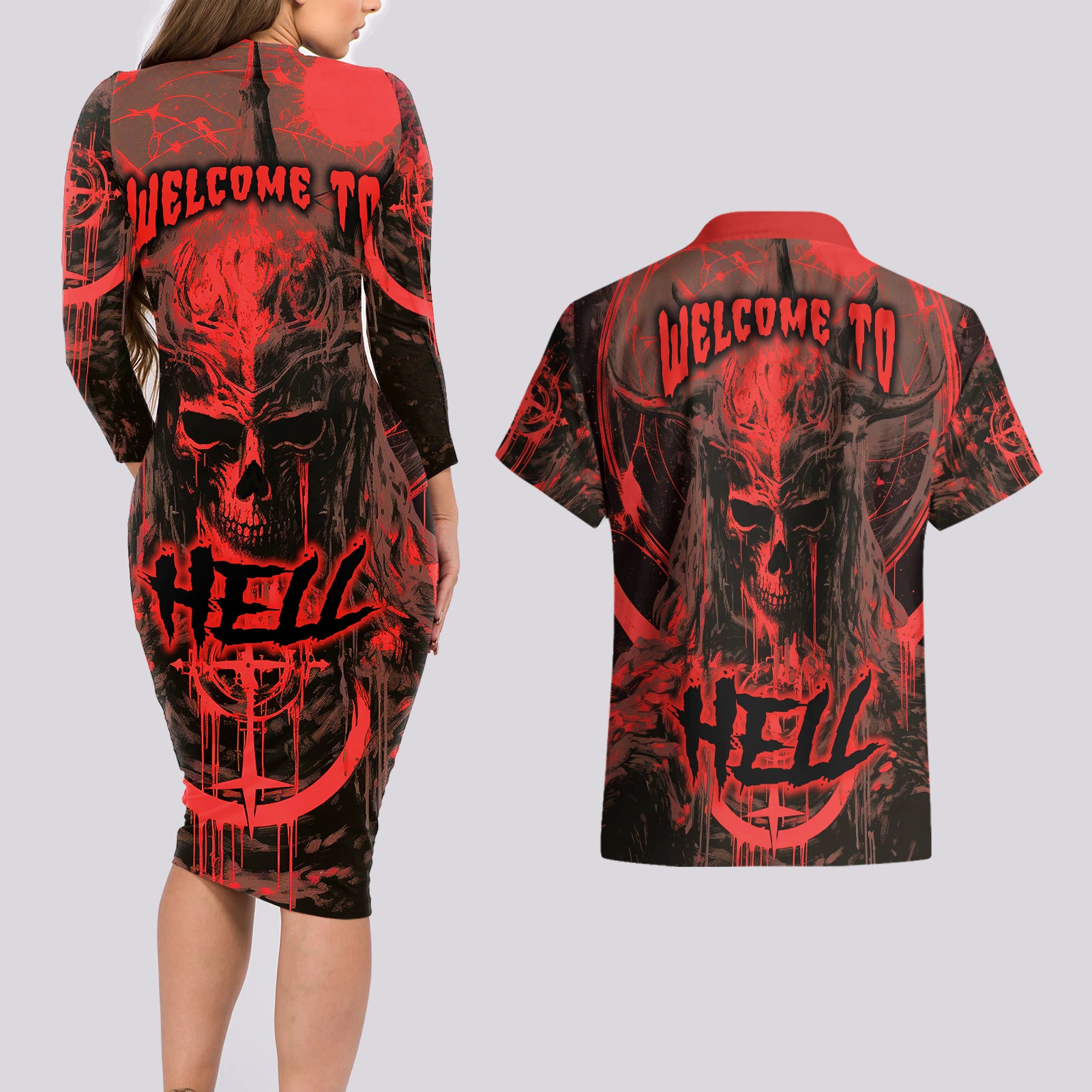 Demon Skull Couples Matching Long Sleeve Bodycon Dress and Hawaiian Shirt Welcome to Hell - Wonder Print Shop