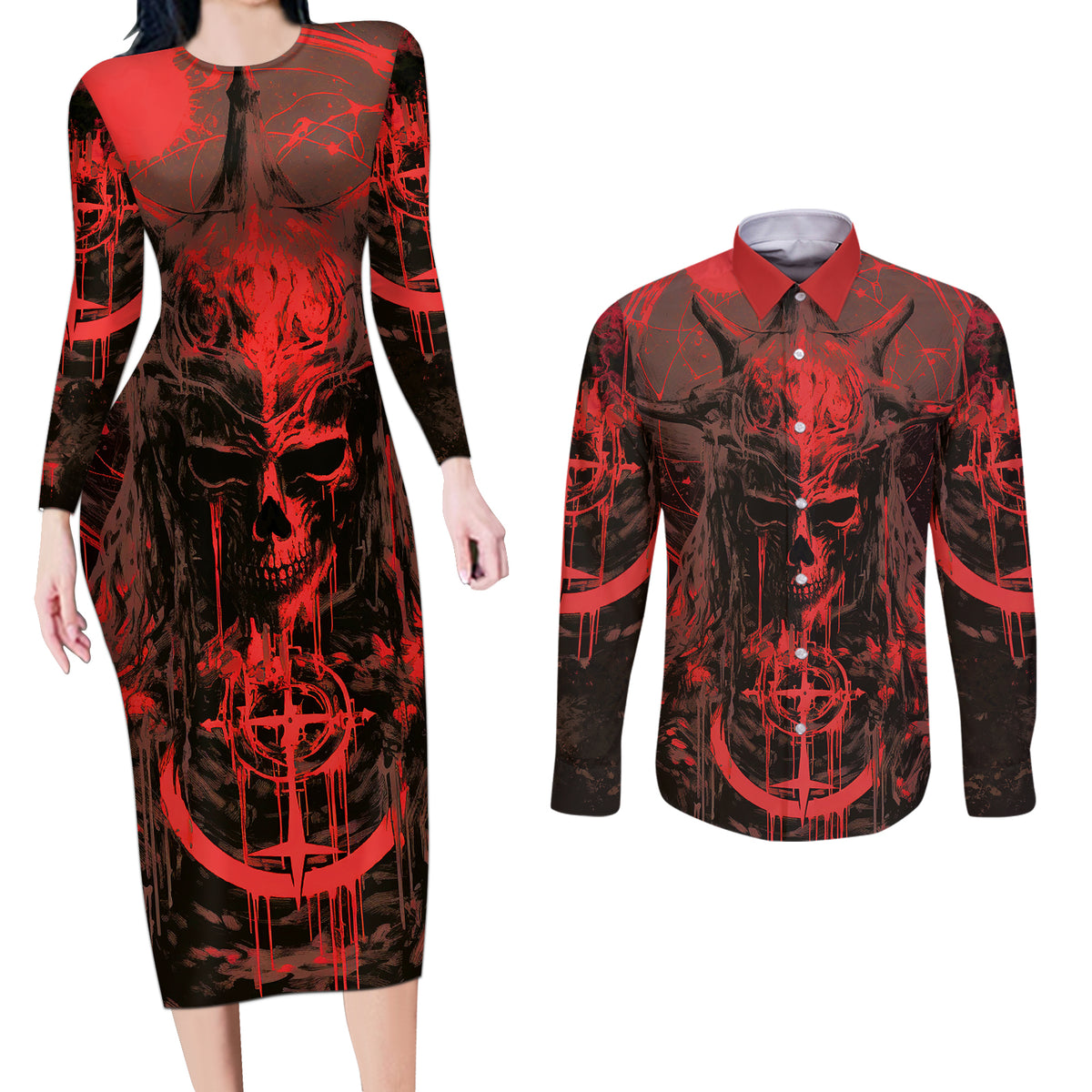 Demon Skull Couples Matching Long Sleeve Bodycon Dress and Long Sleeve Button Shirts Welcome to Hell - Wonder Print Shop