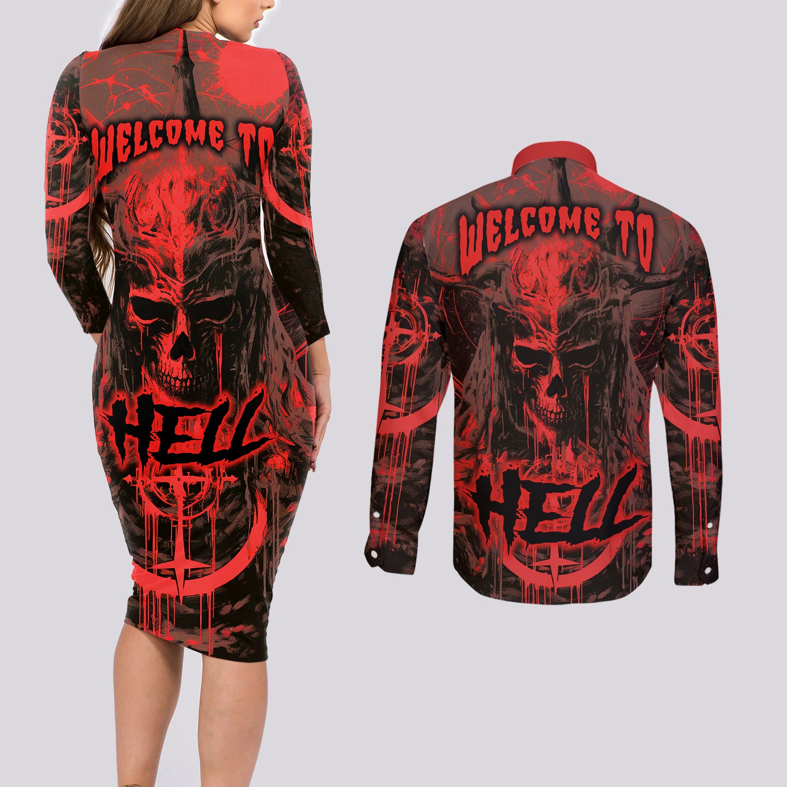 Demon Skull Couples Matching Long Sleeve Bodycon Dress and Long Sleeve Button Shirts Welcome to Hell - Wonder Print Shop