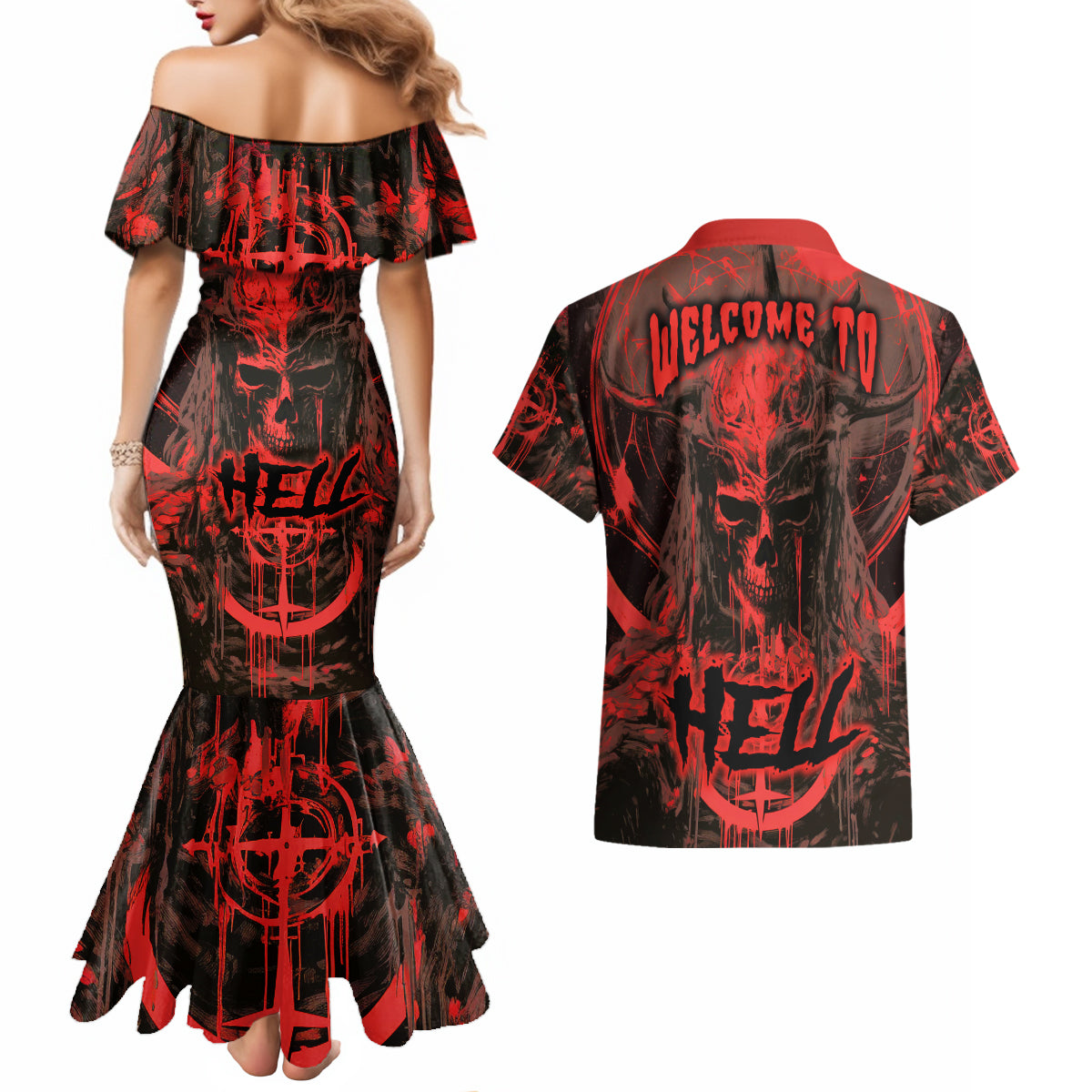 Demon Skull Couples Matching Mermaid Dress and Hawaiian Shirt Welcome to Hell - Wonder Print Shop