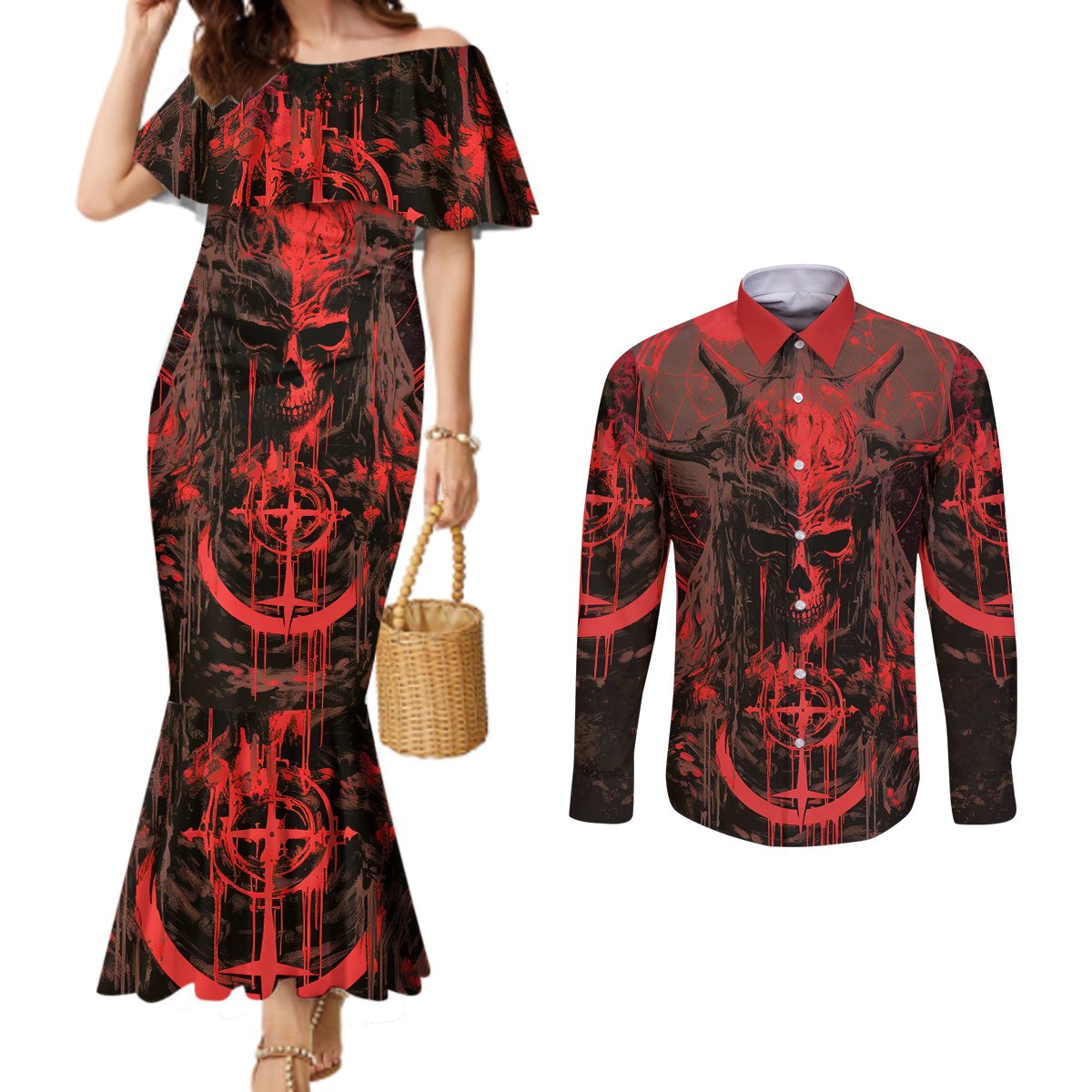 demon-skull-couples-matching-mermaid-dress-and-long-sleeve-button-shirts-welcome-to-hell