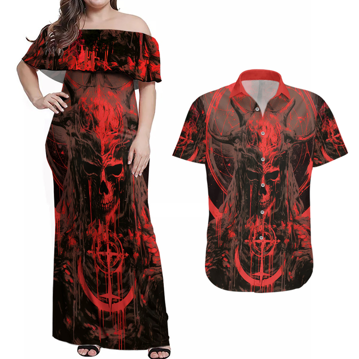 Demon Skull Couples Matching Off Shoulder Maxi Dress and Hawaiian Shirt Welcome to Hell - Wonder Print Shop