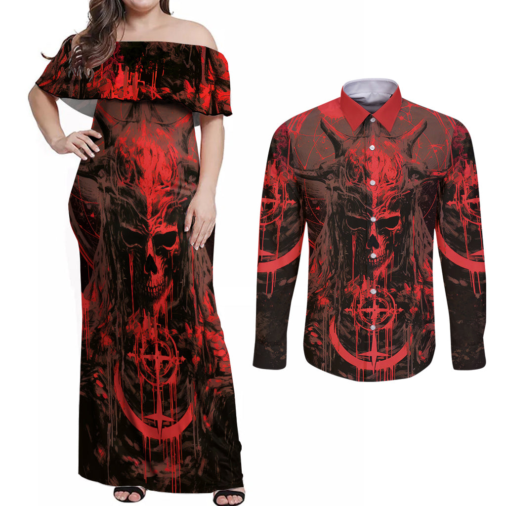 Demon Skull Couples Matching Off Shoulder Maxi Dress and Long Sleeve Button Shirts Welcome to Hell - Wonder Print Shop