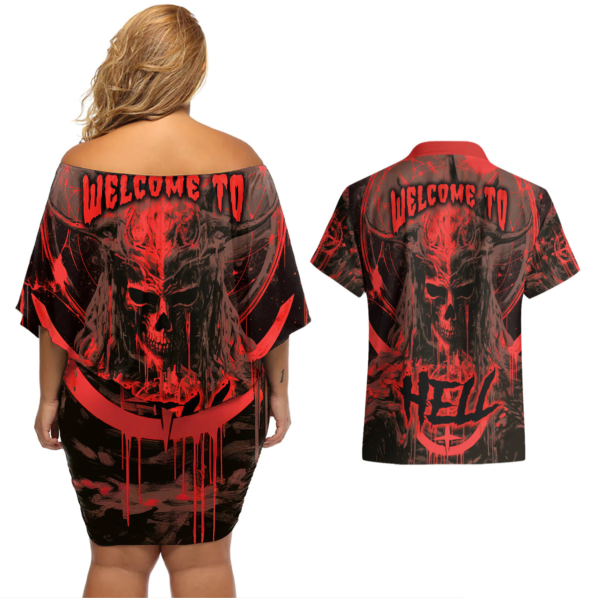 Demon Skull Couples Matching Off Shoulder Short Dress and Hawaiian Shirt Welcome to Hell - Wonder Print Shop