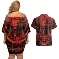 Demon Skull Couples Matching Off Shoulder Short Dress and Hawaiian Shirt Welcome to Hell - Wonder Print Shop