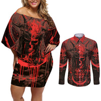 Demon Skull Couples Matching Off Shoulder Short Dress and Long Sleeve Button Shirts Welcome to Hell - Wonder Print Shop