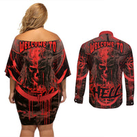 Demon Skull Couples Matching Off Shoulder Short Dress and Long Sleeve Button Shirts Welcome to Hell - Wonder Print Shop