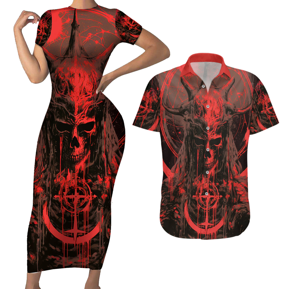 Demon Skull Couples Matching Short Sleeve Bodycon Dress and Hawaiian Shirt Welcome to Hell - Wonder Print Shop