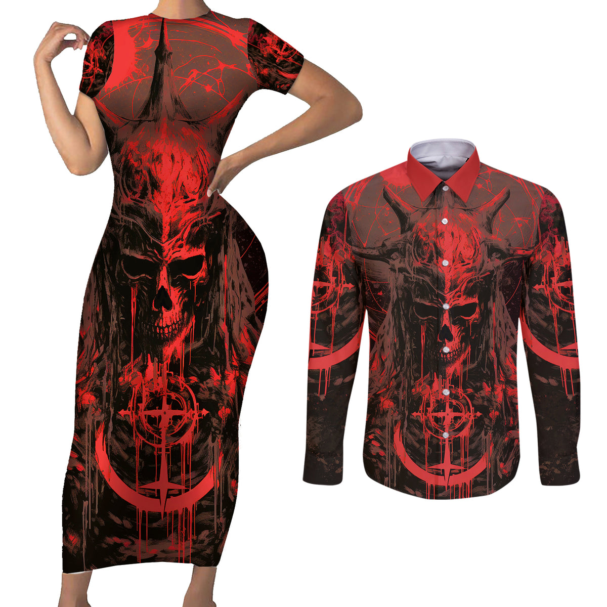 Demon Skull Couples Matching Short Sleeve Bodycon Dress and Long Sleeve Button Shirts Welcome to Hell - Wonder Print Shop
