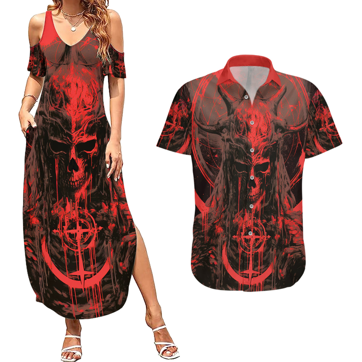 Demon Skull Couples Matching Summer Maxi Dress and Hawaiian Shirt Welcome to Hell - Wonder Print Shop