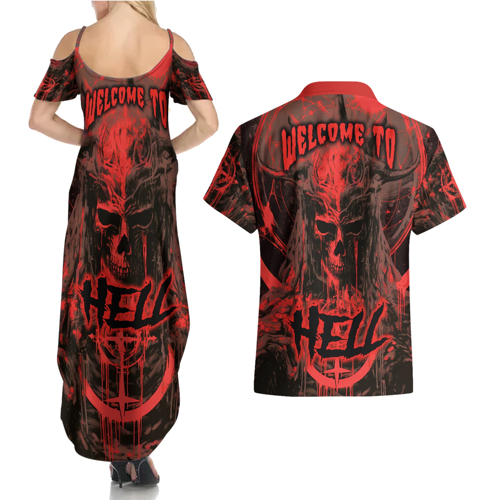 Demon Skull Couples Matching Summer Maxi Dress and Hawaiian Shirt Welcome to Hell - Wonder Print Shop