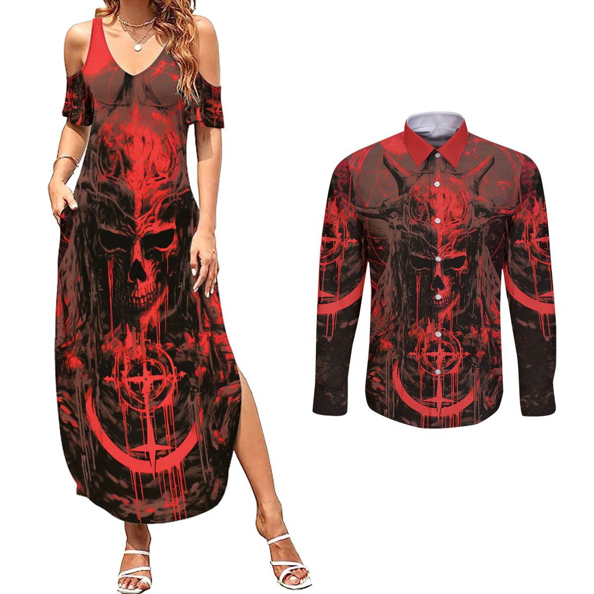 Demon Skull Couples Matching Summer Maxi Dress and Long Sleeve Button Shirts Welcome to Hell - Wonder Print Shop