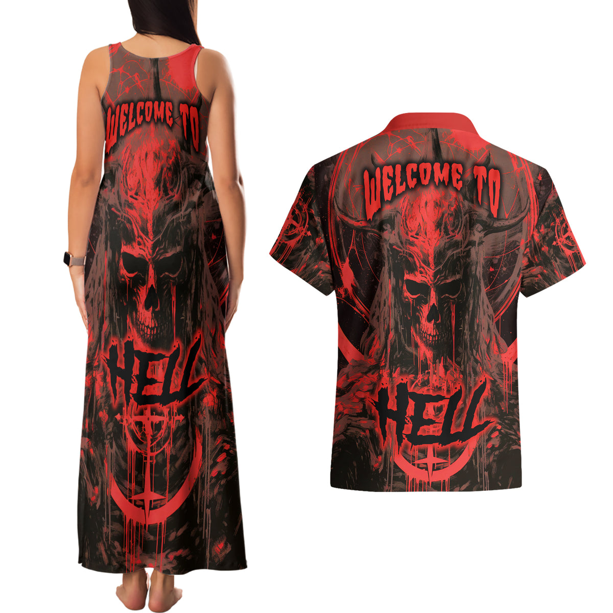 Demon Skull Couples Matching Tank Maxi Dress and Hawaiian Shirt Welcome to Hell - Wonder Print Shop