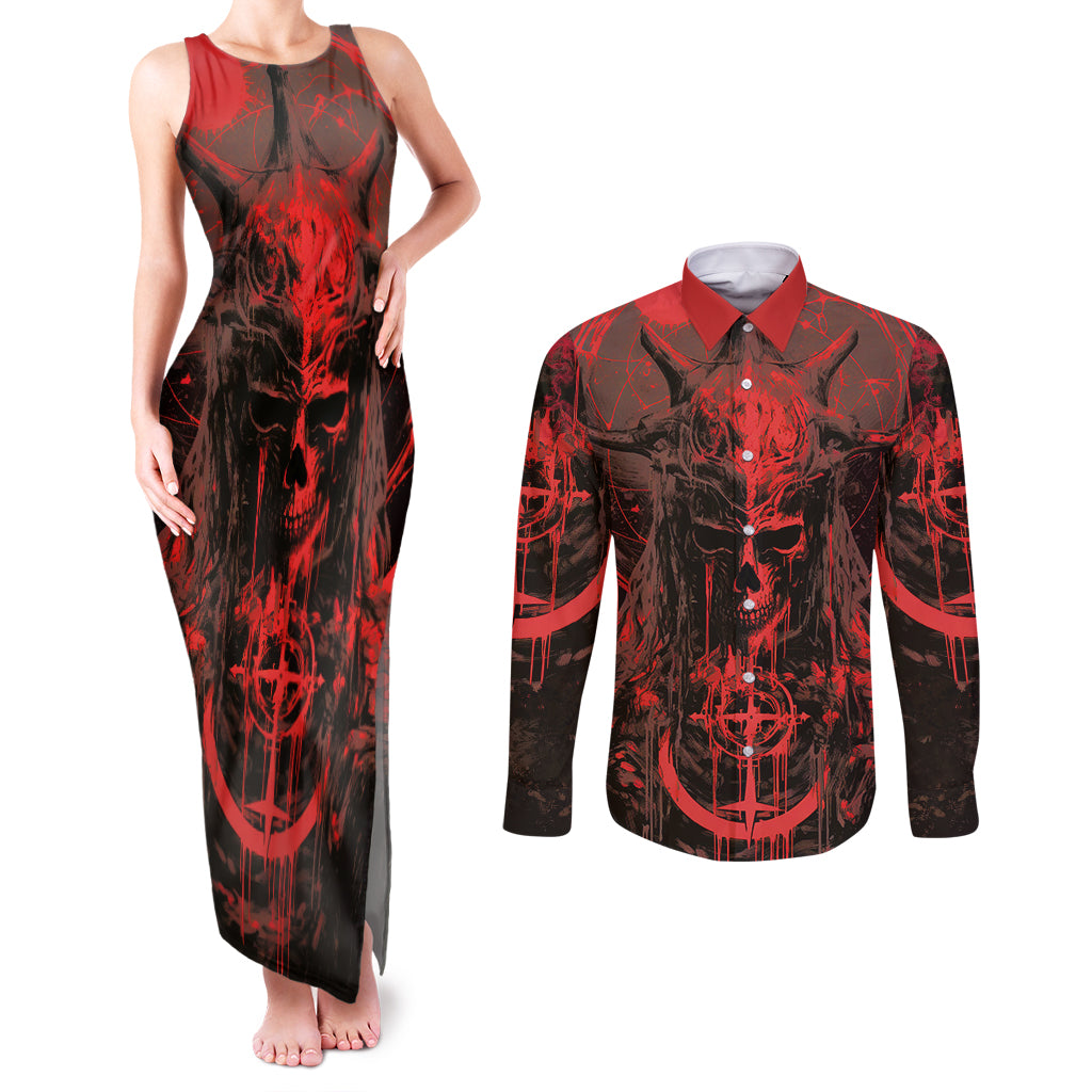 Demon Skull Couples Matching Tank Maxi Dress and Long Sleeve Button Shirts Welcome to Hell - Wonder Print Shop