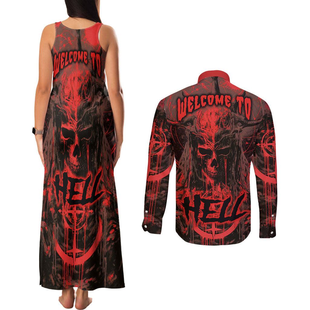 Demon Skull Couples Matching Tank Maxi Dress and Long Sleeve Button Shirts Welcome to Hell - Wonder Print Shop
