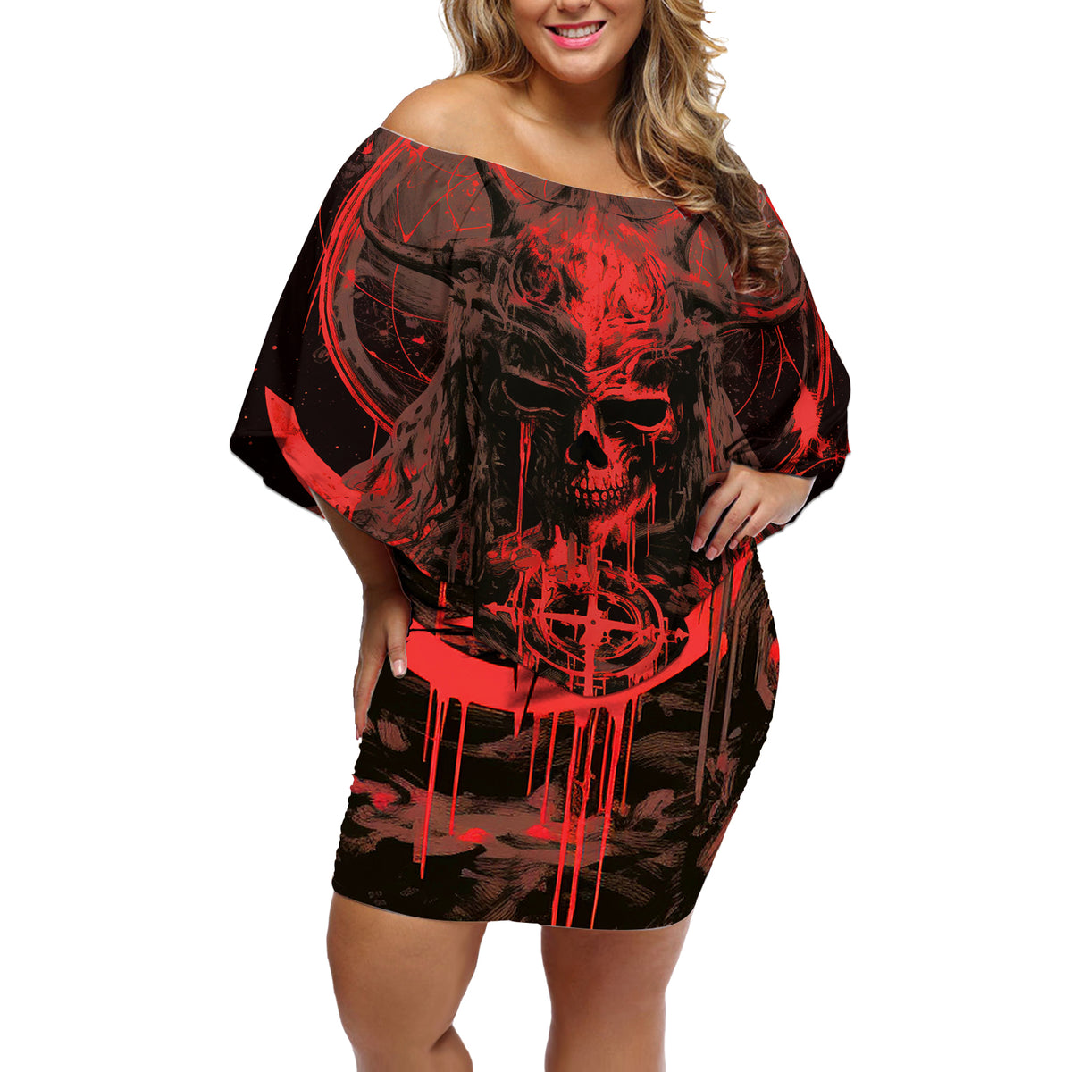 Demon Skull Off Shoulder Short Dress Welcome to Hell - Wonder Print Shop
