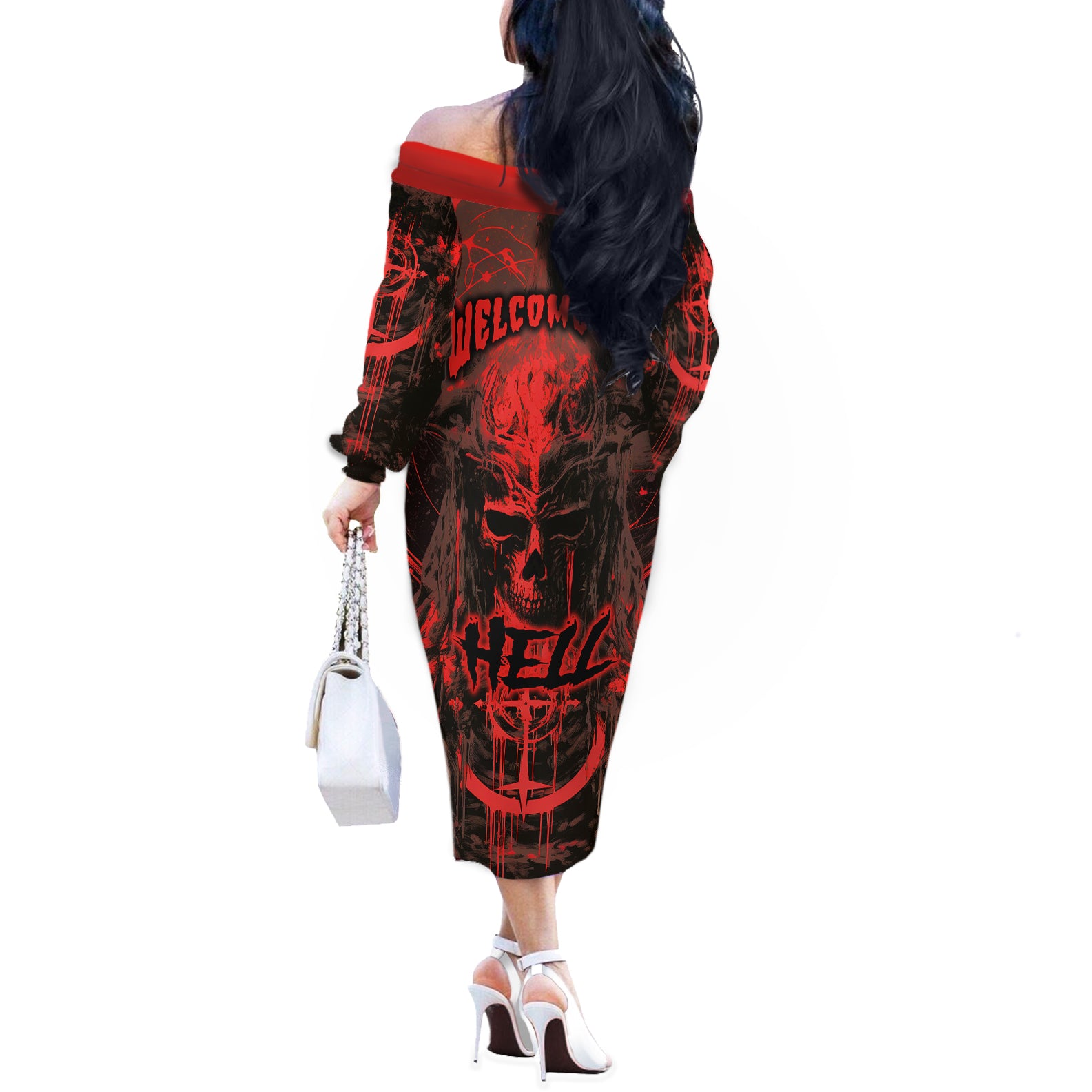 Demon Skull Off The Shoulder Long Sleeve Dress Welcome to Hell - Wonder Print Shop