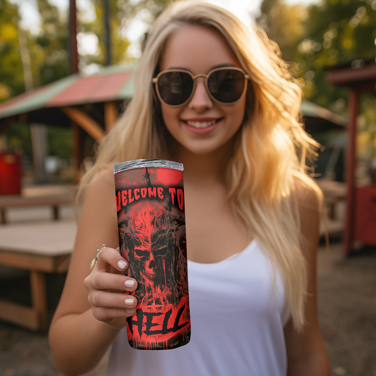 Demon Skull Skinny Tumbler Welcome to Hell - Wonder Print Shop