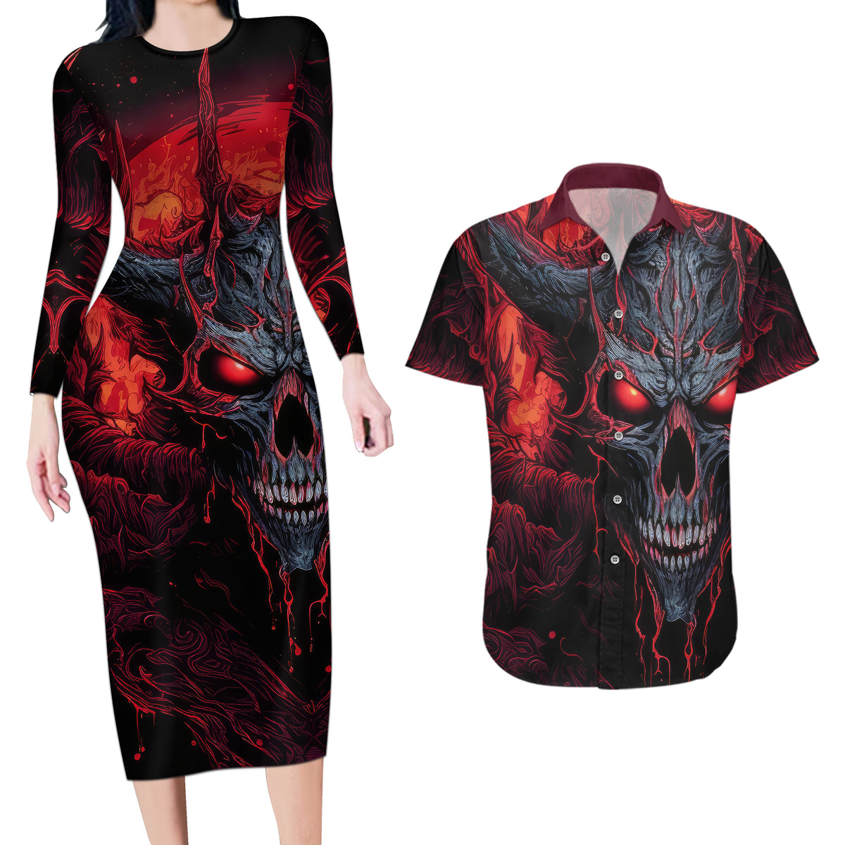 Demon Skull Couples Matching Long Sleeve Bodycon Dress and Hawaiian Shirt You Better Pray I Don't Get Up - Wonder Print Shop