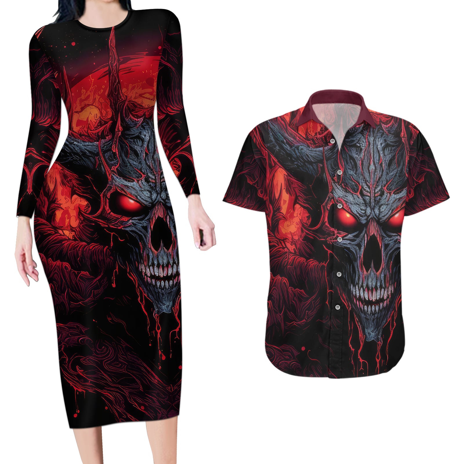 Demon Skull Couples Matching Long Sleeve Bodycon Dress and Hawaiian Shirt You Better Pray I Don't Get Up - Wonder Print Shop
