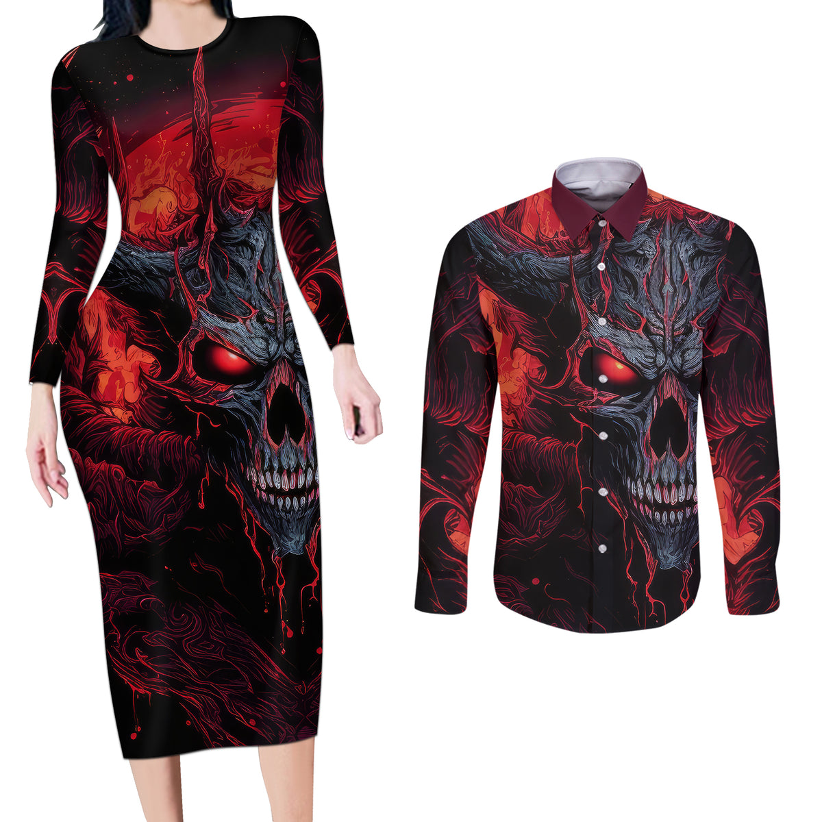Demon Skull Couples Matching Long Sleeve Bodycon Dress and Long Sleeve Button Shirts You Better Pray I Don't Get Up - Wonder Print Shop