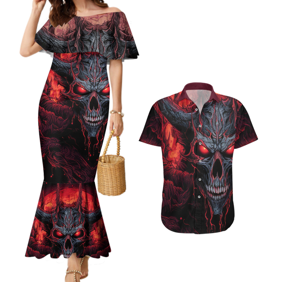 Demon Skull Couples Matching Mermaid Dress and Hawaiian Shirt You Better Pray I Don't Get Up - Wonder Print Shop