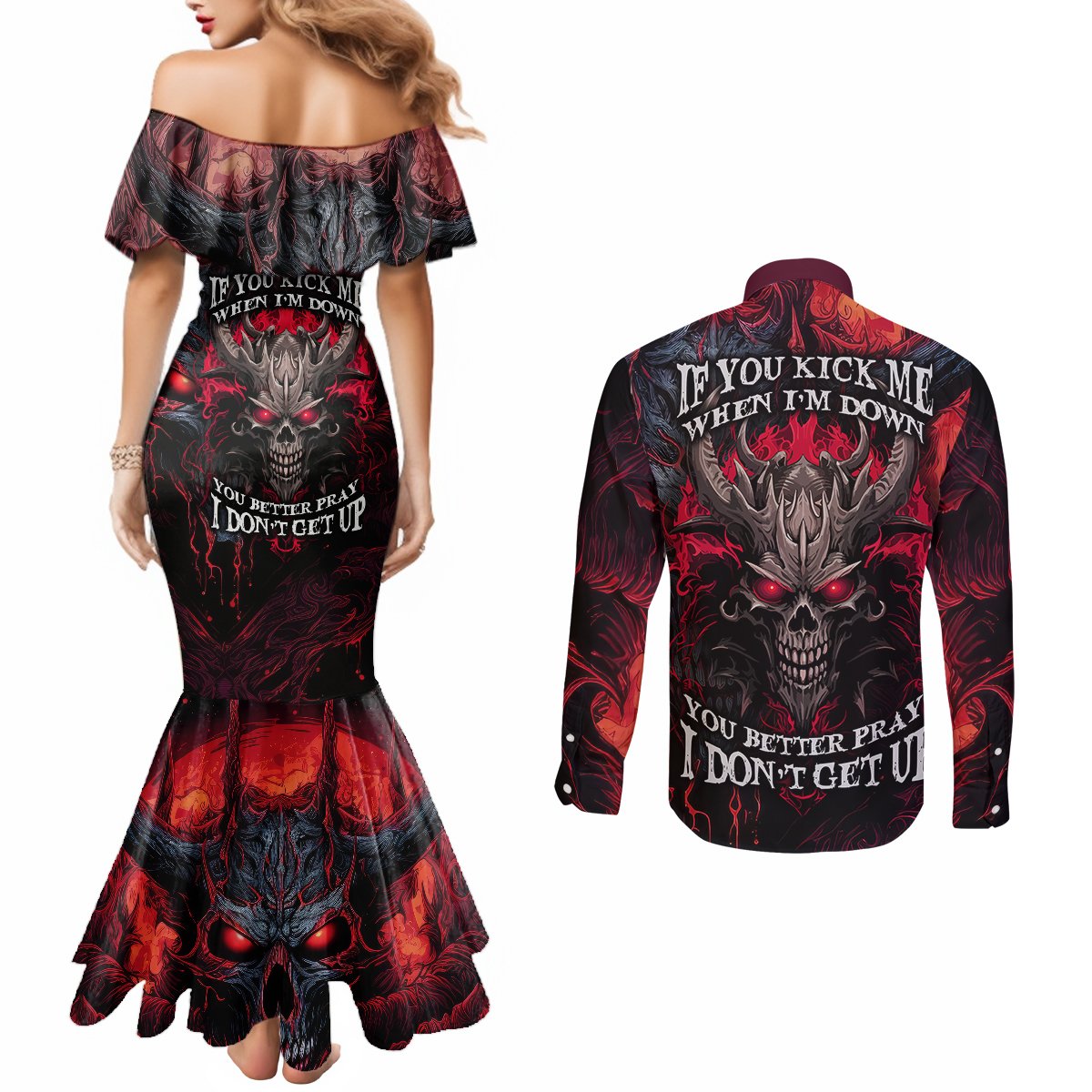 demon-skull-couples-matching-mermaid-dress-and-long-sleeve-button-shirts-you-better-pray-i-dont-get-up