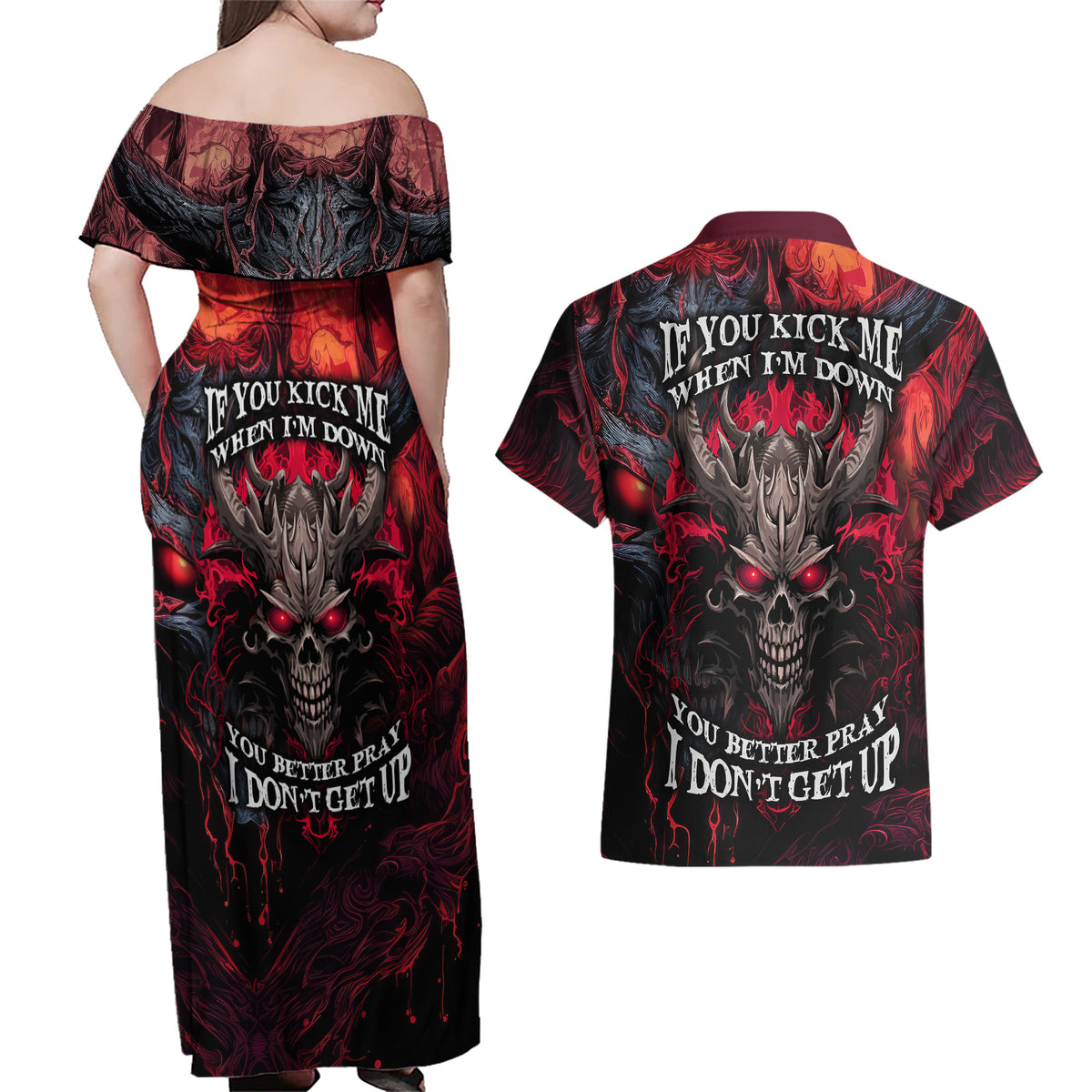 Demon Skull Couples Matching Off Shoulder Maxi Dress and Hawaiian Shirt You Better Pray I Don't Get Up - Wonder Print Shop