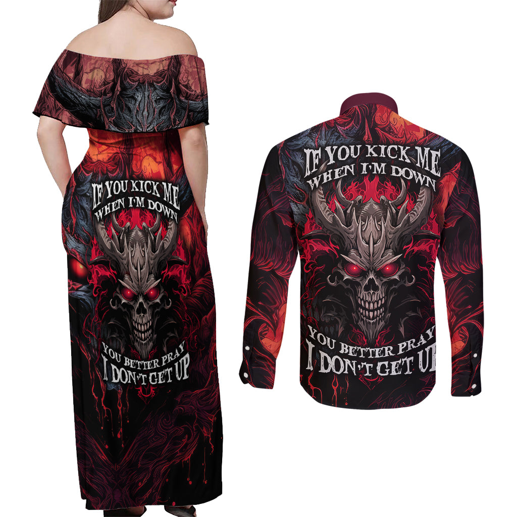 Demon Skull Couples Matching Off Shoulder Maxi Dress and Long Sleeve Button Shirts You Better Pray I Don't Get Up - Wonder Print Shop