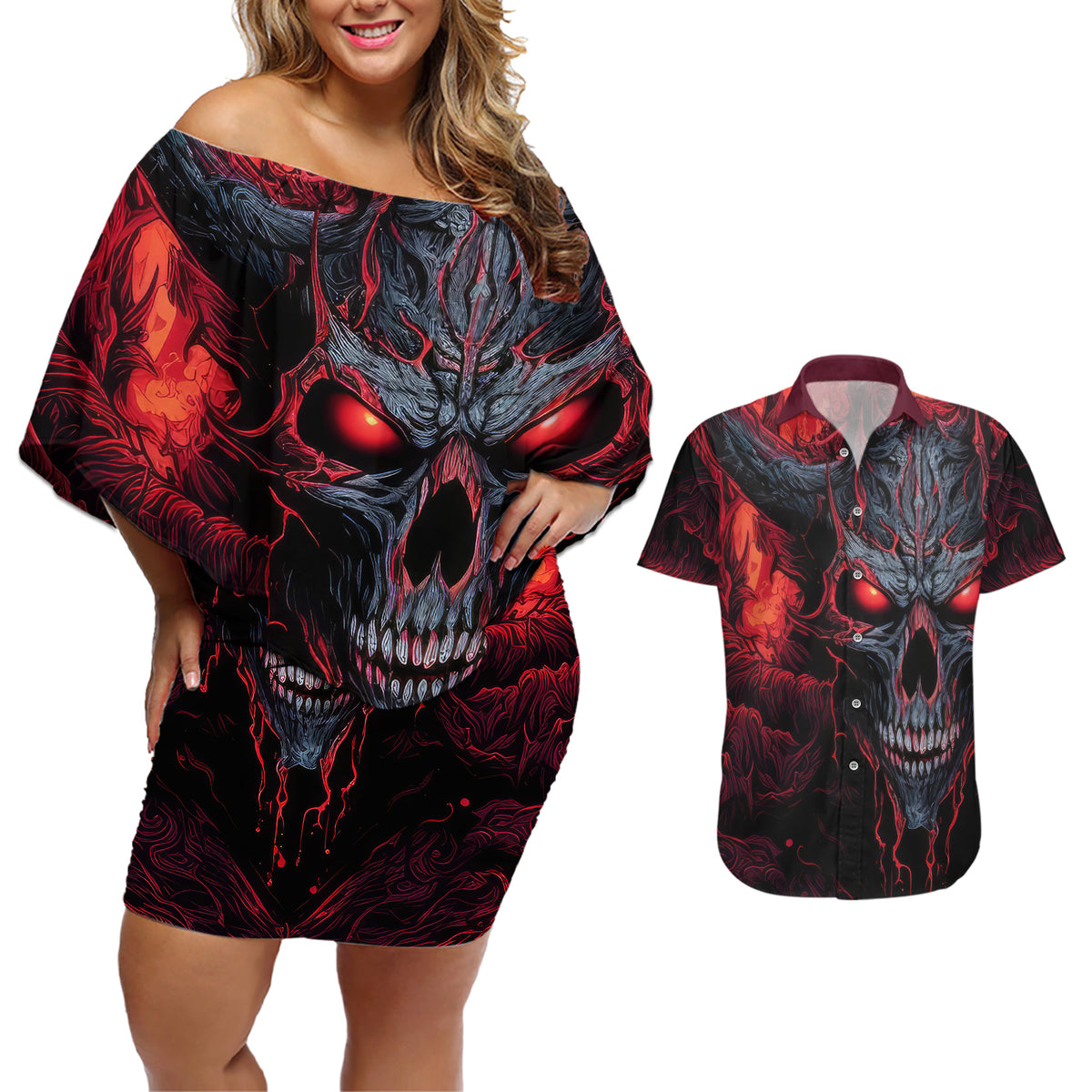 Demon Skull Couples Matching Off Shoulder Short Dress and Hawaiian Shirt You Better Pray I Don't Get Up - Wonder Print Shop
